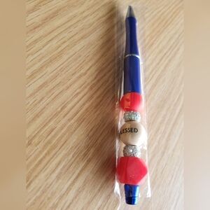 Blue Blessed Beaded Pen with Red Accents
